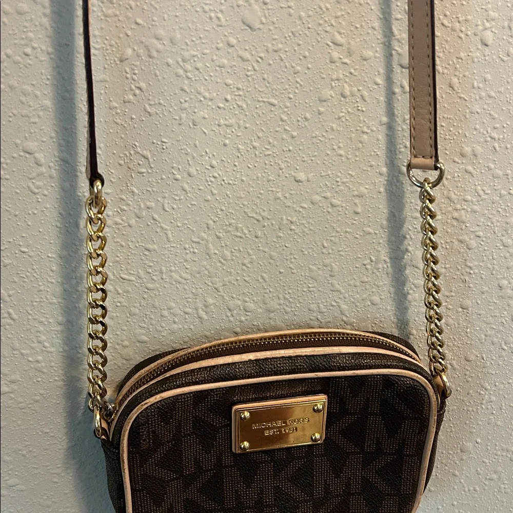 Michael Kors Brown Logo Crossbody with Gold Chain and Beige Trim